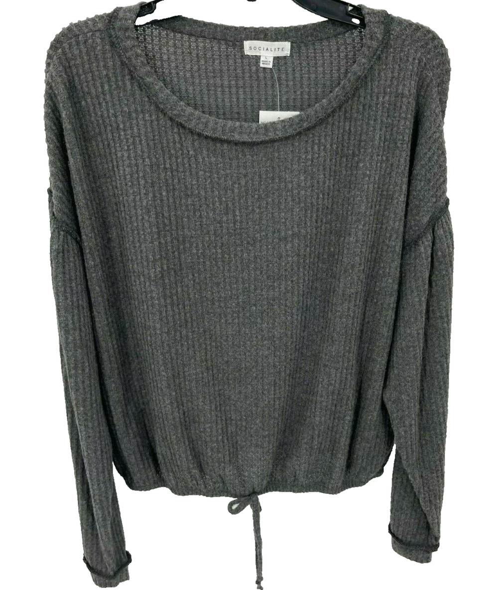 Socialite Waffle Knit Thermal Elastic Waist Scoop Neck Top GRAY SMALL Charcoal